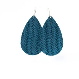 Nickel and Suede Large Teardrop Leather Earrings Glacier Knit Blue